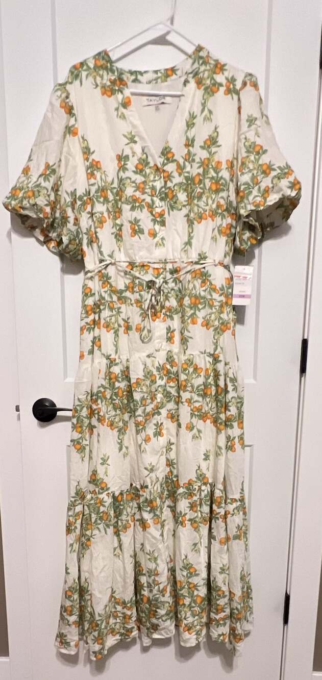 Taylor Maxi Dress Size 22W Ivory Sunset Orange Citrus Print Puff Sleeve